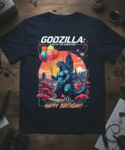 Godzilla King of the Monsters Happy Birthday T-Shirt design with Godzilla holding balloons and wearing a party hat
