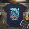 Godzilla Ramen t-shirt design featuring a stylized Godzilla character eating ramen noodles in a neon city setting