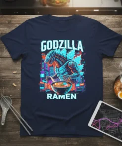 Godzilla Ramen t-shirt design featuring a stylized Godzilla character eating ramen noodles in a neon city setting