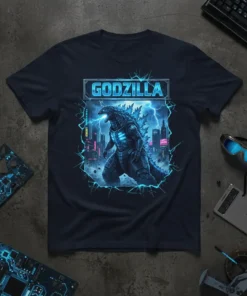 Godzilla T-Shirt featuring the iconic monster roaring with atomic breath in a city setting, surrounded by blue lightning effects