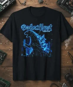 Godzillest collective t-shirt featuring a neon blue Godzilla silhouette against a cityscape