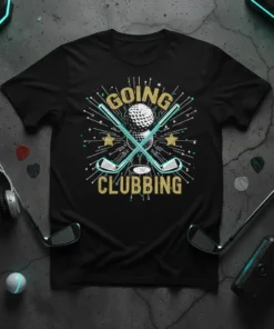Black t-shirt with "GOING CLUBBING" text and crossed golf clubs with a golf ball design, suitable for golfers