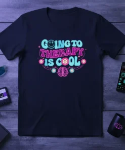 Going to Therapy Is Cool text design with smiley face, flowers, and brain graphic on a navy t-shirt