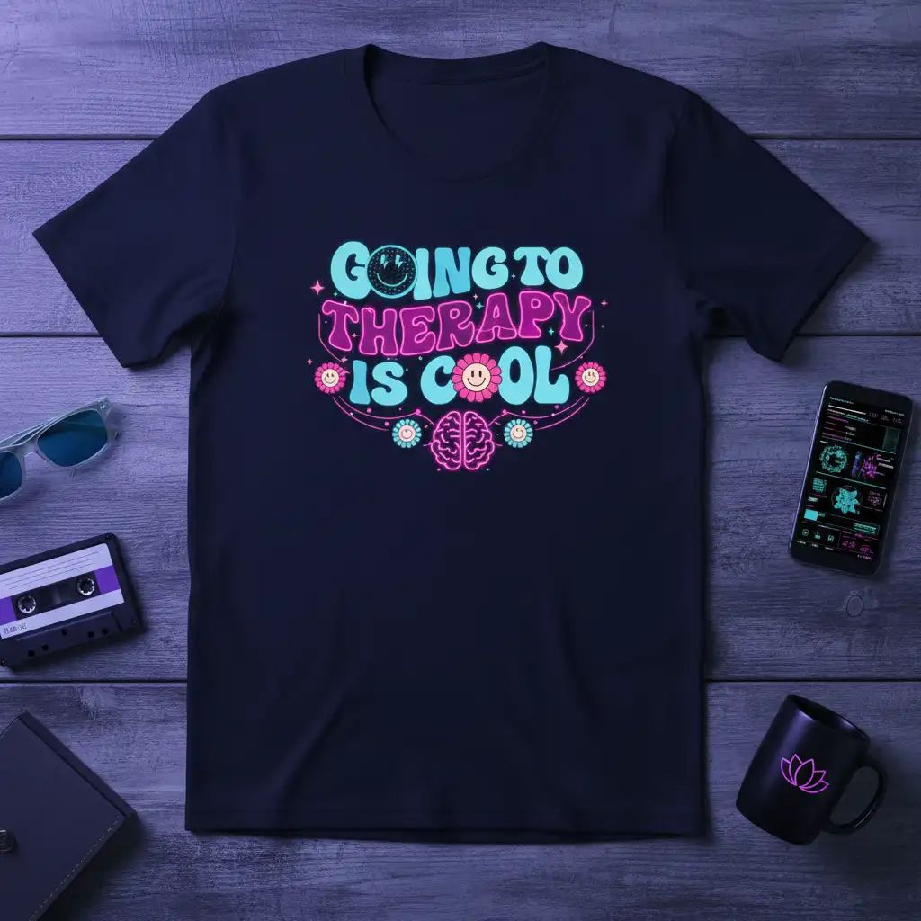 Going to Therapy Is Cool quote with retro smiley and brain graphic on a navy blue tee