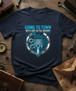Going To Town With One In The Brown t-shirt with piston and gear graphic for mechanics and car lovers