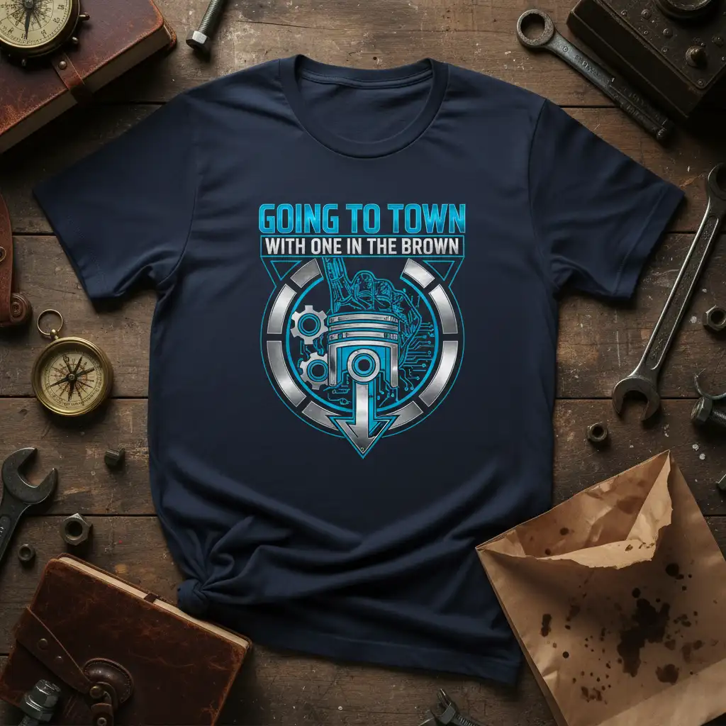 Going To Town With One In The Brown quote with piston and gear design on a t-shirt for mechanics