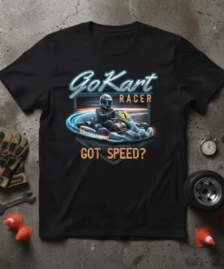Black t-shirt with "GoKart RACER GOT SPEED?" text and graphic of a go-kart racer on a track