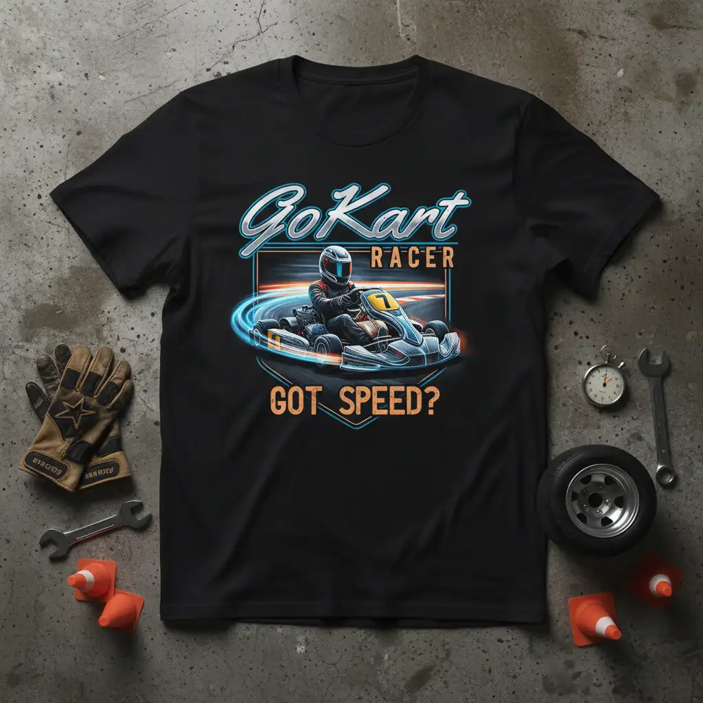 GoKart RACER GOT SPEED? text with dynamic go-kart racer graphic on black t-shirt design