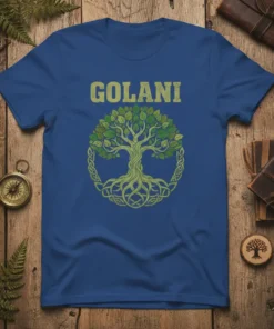 Golani t-shirt featuring a green Celtic Tree of Life design with intricate knotwork, representing heritage and nature
