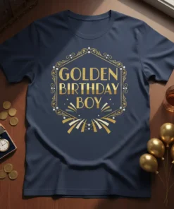 Golden Birthday Boy text in ornate gold frame with decorative elements on a navy t-shirt
