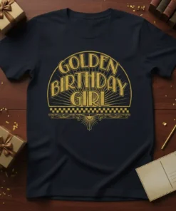 GOLDEN BIRTHDAY GIRL text in a golden Art Deco font on a navy t-shirt