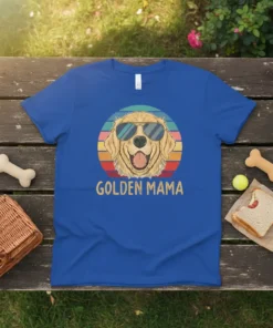 Golden Mama t-shirt featuring a retro sunset graphic of a happy Golden Retriever wearing sunglasses, text says GOLDEN MAMA