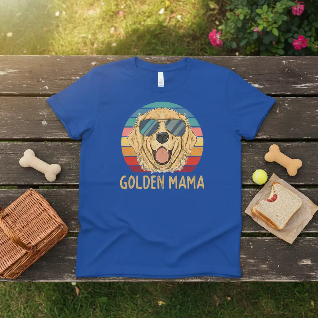 Golden Mama text and retro Golden Retriever graphic on a blue t-shirt, perfect for dog moms