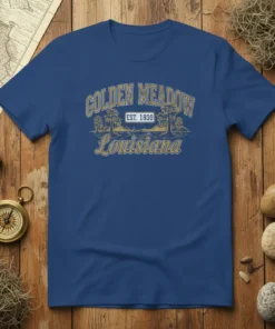 Golden Meadow Louisiana EST 1839 t-shirt design featuring vintage collegiate text and swamp landscape graphic