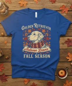 Golden Retriever wearing a scarf surrounded by autumn leaves and acorns, text reads "Golden Retriever Autumn Leaves Fall Season"