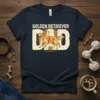 Golden Retriever Dad T-Shirt featuring the words GOLDEN RETRIEVER DAD and a running golden retriever graphic