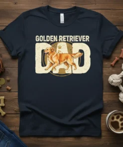 Golden Retriever Dad T-Shirt featuring the words GOLDEN RETRIEVER DAD and a running golden retriever graphic