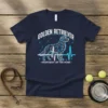 Geometric Golden Retriever silhouette with a heartbeat line and text "Golden Retriever Heartbeat of the Home" on a navy t-shirt