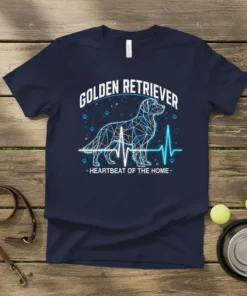 Geometric Golden Retriever silhouette with a heartbeat line and text "Golden Retriever Heartbeat of the Home" on a navy t-shirt