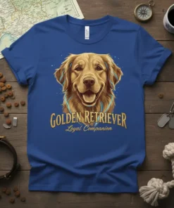 Golden Retriever Loyal Companion T-Shirt featuring a detailed portrait of a happy dog and accompanying text