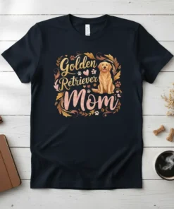 Golden Retriever Mom text design featuring a cute Golden Retriever dog illustration and floral accents, on a dark t-shirt