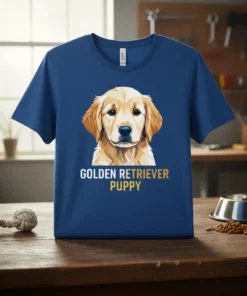 Golden Retriever Puppy T-Shirt with detailed illustration of a young dog and text "GOLDEN RETRIEVER PUPPY"