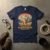 Golden Retriever Trailblazer Spirit t-shirt design featuring a dog running in a mountain landscape at sunset