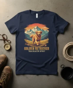 Golden Retriever Trailblazer Spirit t-shirt design featuring a dog running in a mountain landscape at sunset