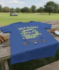 T-shirt with "GOLF IS EASY 1. SWING 2. SWEAR 3. LOOK FOR BALL 4. REPEAT" text and golf graphics in