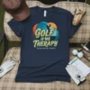 Navy t-shirt with "Golf Is My Therapy Swing. Breathe. Repeat." text and a golfer silhouette graphic