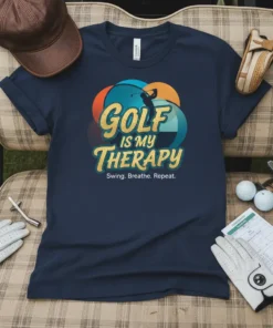 Navy t-shirt with "Golf Is My Therapy Swing. Breathe. Repeat." text and a golfer silhouette graphic