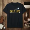 Black t-shirt with yellow "GOLF LIFE" text, golf ball, and golf club graphic