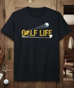 Black t-shirt with yellow "GOLF LIFE" text, golf ball, and golf club graphic