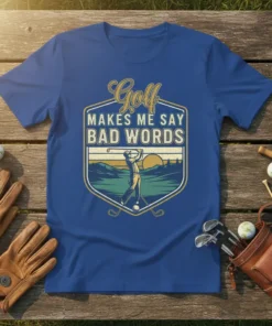 Golf Makes Me Say Bad Words quote on a blue t-shirt featuring a golfer swinging at sunset graphic