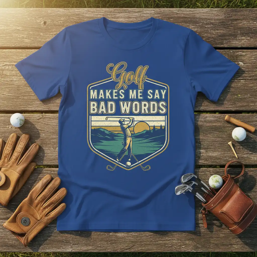 Golf Makes Me Say Bad Words quote with golfer swinging at sunset graphic on a t-shirt