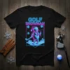 Golf Snowman neon design t-shirt with a snowman holding a golf club and a magic wand, surrounded by snowflakes