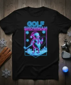 Golf Snowman neon design t-shirt with a snowman holding a golf club and a magic wand, surrounded by snowflakes