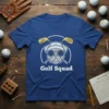 Blue t-shirt with "Golf Squad" text and a cartoon pug wearing sunglasses and a golf cap, holding golf clubs