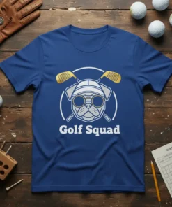 Blue t-shirt with "Golf Squad" text and a cartoon pug wearing sunglasses and a golf cap, holding golf clubs