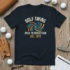 GOLF SWING PATH TO PERFECTION EST. 1970 text design with a colorful retro swirl graphic on a navy t-shirt