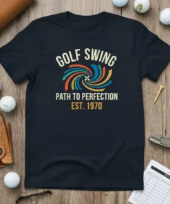 GOLF SWING PATH TO PERFECTION EST. 1970 text design with a colorful retro swirl graphic on a navy t-shirt