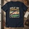 Golf Of America text design with vintage retro USA golf course, Statue of Liberty, and Capitol Building graphic on a