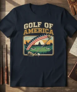 Golf Of America text design with vintage retro USA golf course, Statue of Liberty, and Capitol Building graphic on a