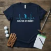 Golfer At Heart t-shirt with blue heartbeat line and golfer silhouette design