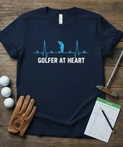 Golfer At Heart t-shirt with blue heartbeat line and golfer silhouette design