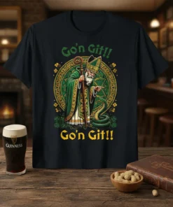Go'n Git!! quote t-shirt featuring Saint Patrick with a snake and Celtic knot design, available in black