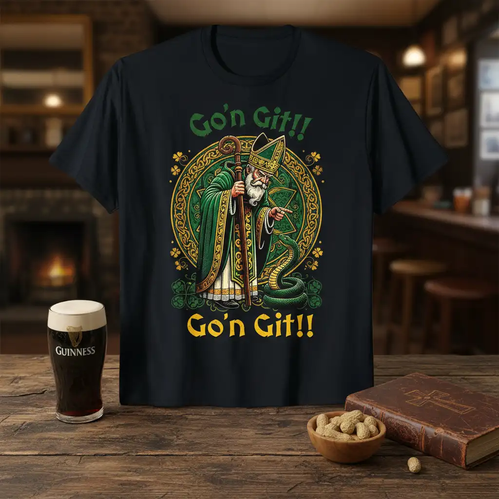Go'n Git!! Irish quote t-shirt with Saint Patrick battling a snake, surrounded by Celtic knots