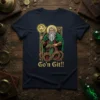 Go'n Git!! t-shirt design showing Saint Patrick holding a staff with a shamrock, facing a snake, with Irish-themed golden border
