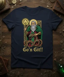 Go'n Git!! t-shirt design showing Saint Patrick holding a staff with a shamrock, facing a snake, with Irish-themed golden border