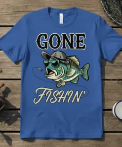 Gone Fishin' t-shirt with a cartoon bass wearing sunglasses and a hat, ready for a fishing trip